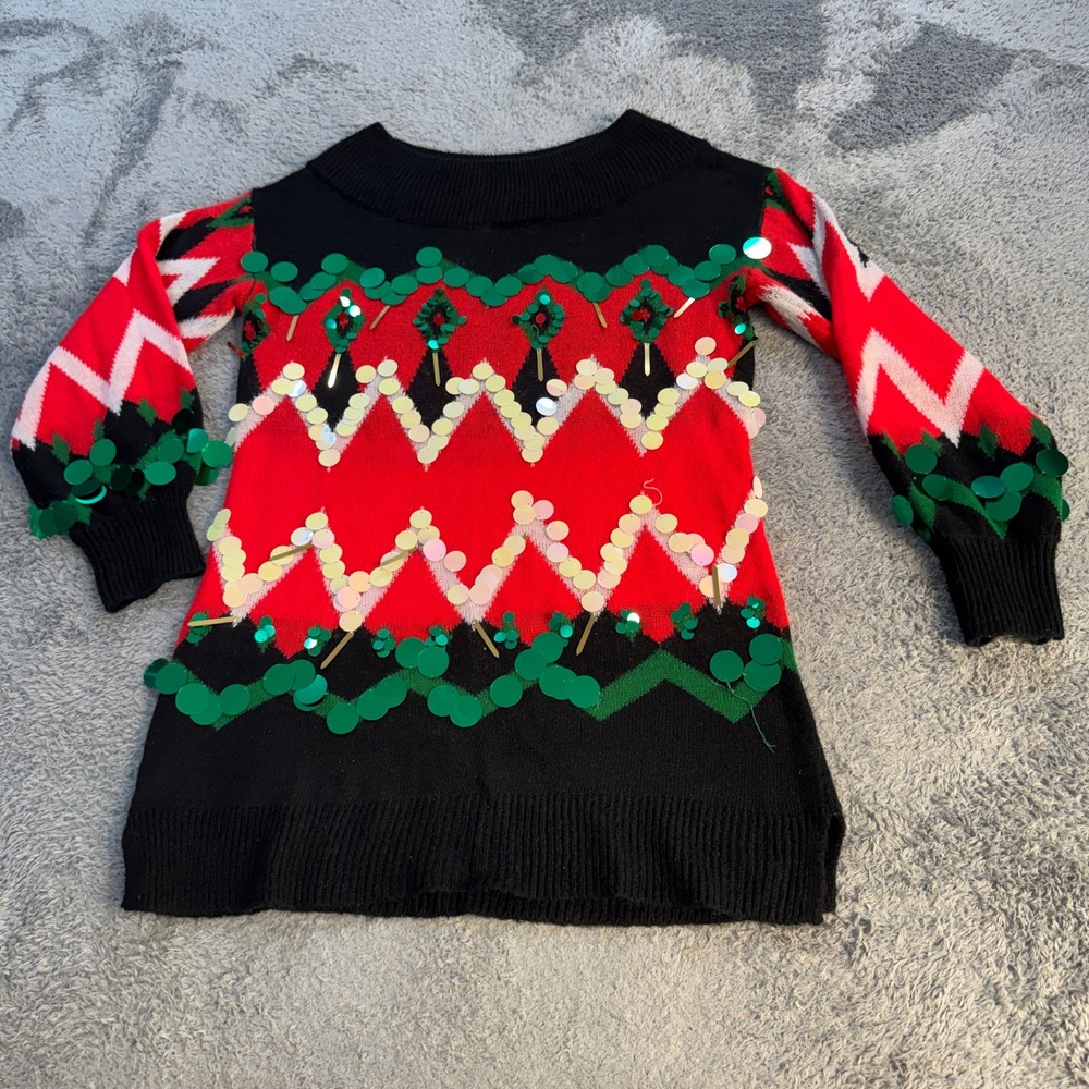 Holiday Time Girls Sequin Tunic Sweater M 8-10 Ugly Christmas Chevron Festive